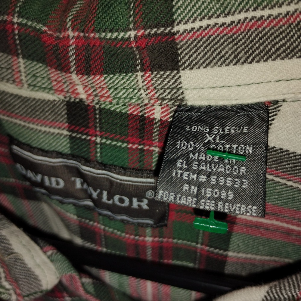 Vtg David Taylor Shirt XL Mens Flannel Plaid Red Green White 100% cotton 90s - Picture 7 of 8